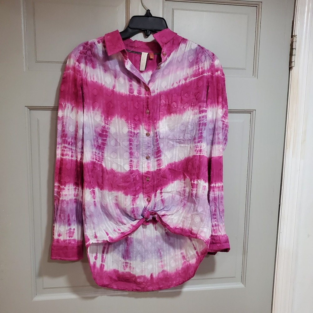 Anthropologie X Pilcro Women Janesse Tie Dye Textured Shirt Pink White Small